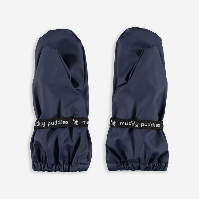 Navy recycled PU Mitts. A pair of waterproof mittens with 'muddy puddles' printed on the wrist strap, against a neutral background.